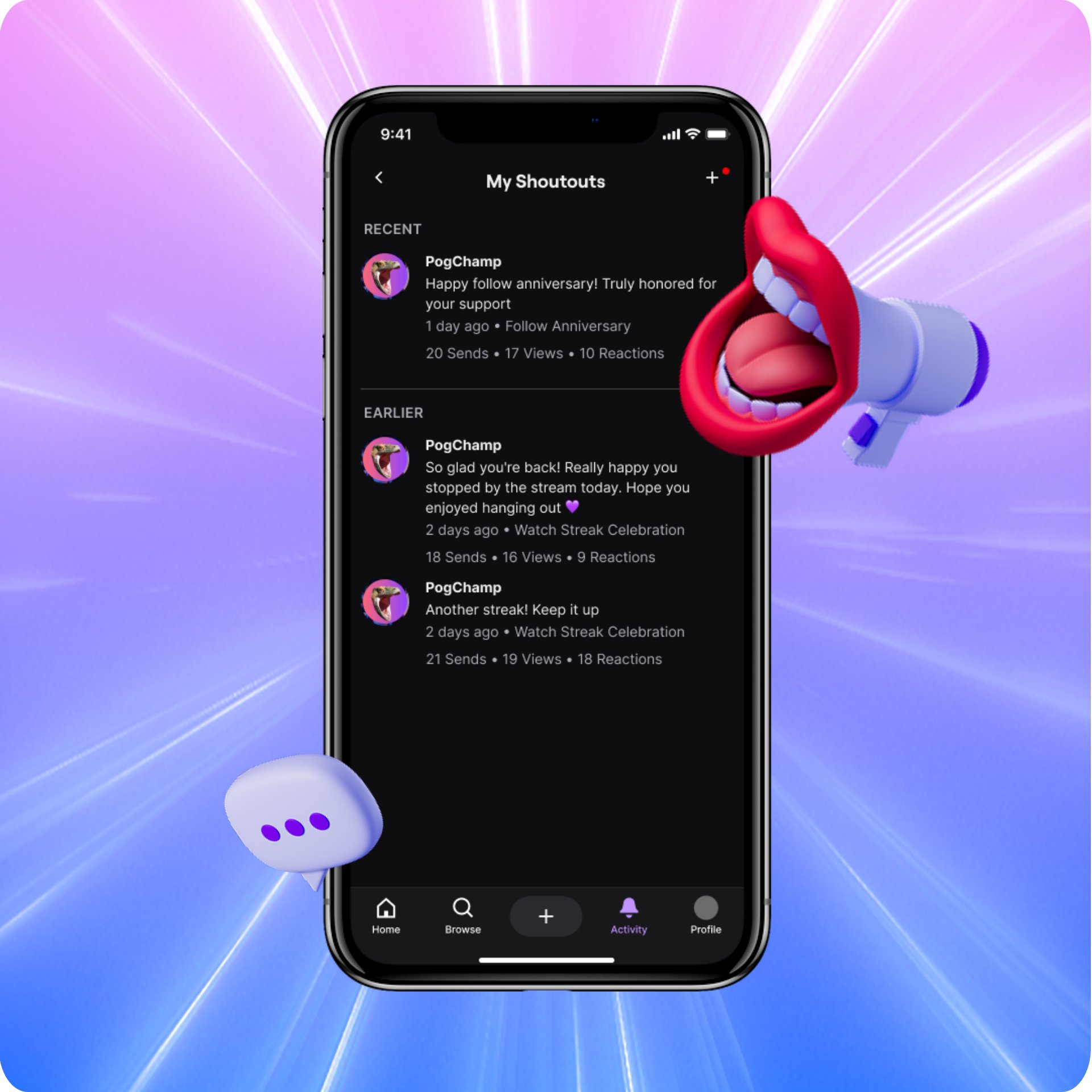 Twitch公式の2026年5月の紹介画像。My Shoutoutsに、フォローの節目を祝う文章とSends・Views・Reactionsの表示が並ぶ。